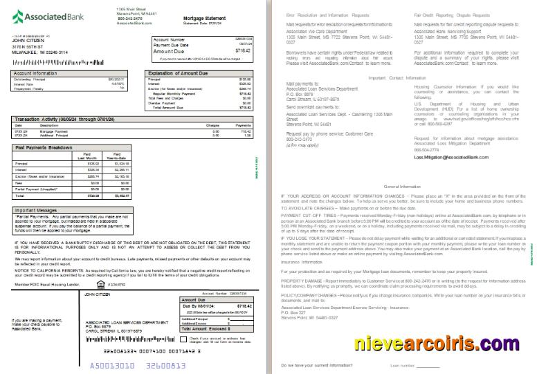 USA Associated bank mortgage statement, 2 pages